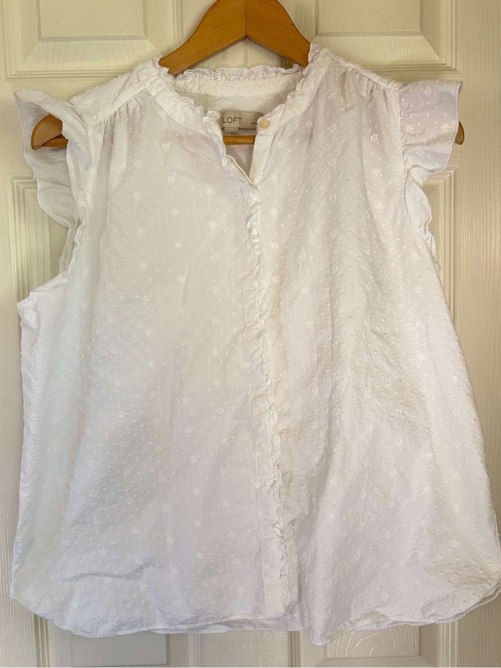LOFT White Ruffle-Trim Swiss Dot Sleeveless Blouse